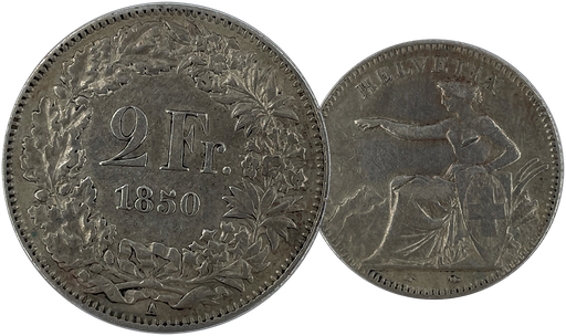 [7885.1850.01] 1850, 2 Fr. Silber-Kursmünze Sitzende Helvetia