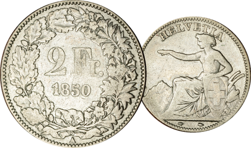 [7885.1850.02] 1850, 2 Fr. Silber-Kursmünze Sitzende Helvetia