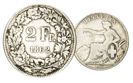 [7885.1862.02] 1862, 2 Fr. Silber-Kursmünze Sitzende Helvetia