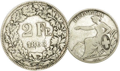 [7885.1863.01] 1863, 2 Fr. Silber-Kursmünze Sitzende Helvetia