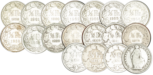 [7886.1875.02] 1875-1967, 50 Rp. Silber-Kursmünzen Komplett-Kollektion