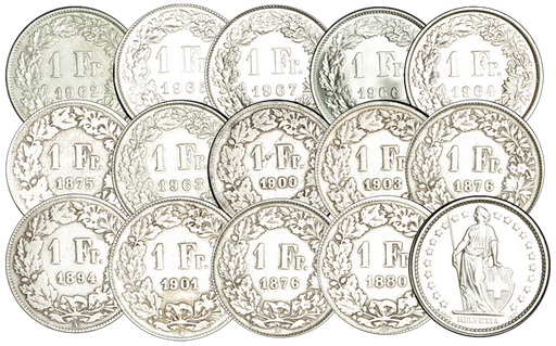 [7887.1875.02] 1875-1967, 1 Fr. Silber-Kursmünzen Komplett-Kollektion