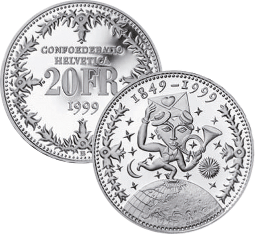 [7996.1999.04] 1999, 20 Fr. Gedenkmünze "150 Jahre Post"