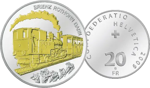 [7996.2009.24] Schweizer Sondermünze "Brienz Rothorn Bahn" teilvergoldet.