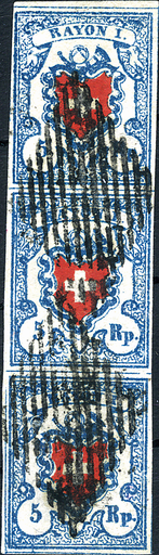 [7048.17.42] 5 Rp. hellblau-rot, Typen 1, 9 und 17, Stein B2 (LO), senkrechter Dreierstreifen