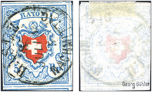 [7048.17.44] 5 Rp. hellblau-rot, Type 17, Stein C1 (LO), "Dünnes Papier, durchscheinender Rotdruck"