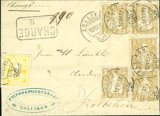 [7240.44.12] 5 x 2 Rp. oliv (Helvetia), und 15 Rp. gelb (Ziffermuster)