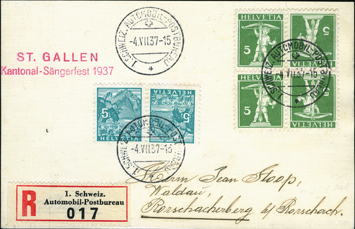 [7300.125.12] 1937, Tellknabe mit Armbrust, 5 Rp. grün, Type 2 mit Landschaftsbilder (Buchdruck) 5 Rp. Pilatus