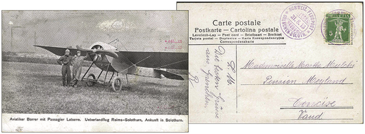 [7360.15.01] Flugtag Grenchen, offizielle Karte&quot;Aviatiker Borrer mit Passagier Labarre&quot;mit violettem Sonderstempel, sehr selten.
