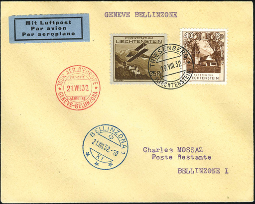 [7374.32.39] Europa - Rundflug: Genf - Bellinzona, sauberer Brief ab TRIESENBERG