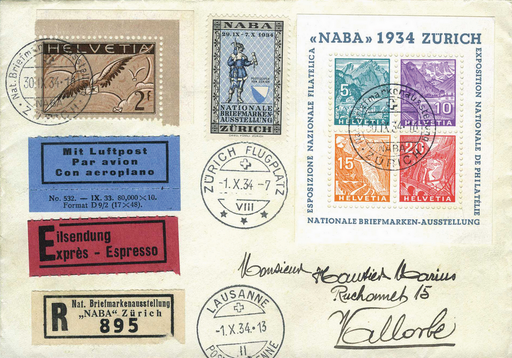 [7411.1.26] NABA - Block auf Chargé - Express Luftpostbrief von Zürich nach Vallorbe