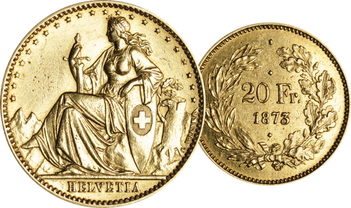 [7870.1873.01] 20 Franken, 3-Punkt-Probe, Eidgenossenschaft, 6.44g schwer, Gold, 21mm Durchmesser, gutes vorzüglich!