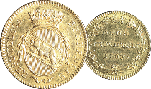 [8013.1793.03] 1793, Duplone Bern, Rückseite Spruch, 7.61g schwer, Gold, vorzügliche Erhaltung.