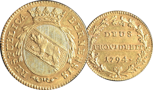 [8013.1794.07] 1794, Duplone Bern, Rückseite Spruch, 7.62g schwer, Gold, bis unzirkuliert!
