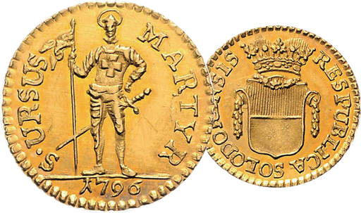 [8024.1796.02] 1796, Viertelduplone Solothurn, 1.90g schwer, Gold, vorzügliche Erhaltung.