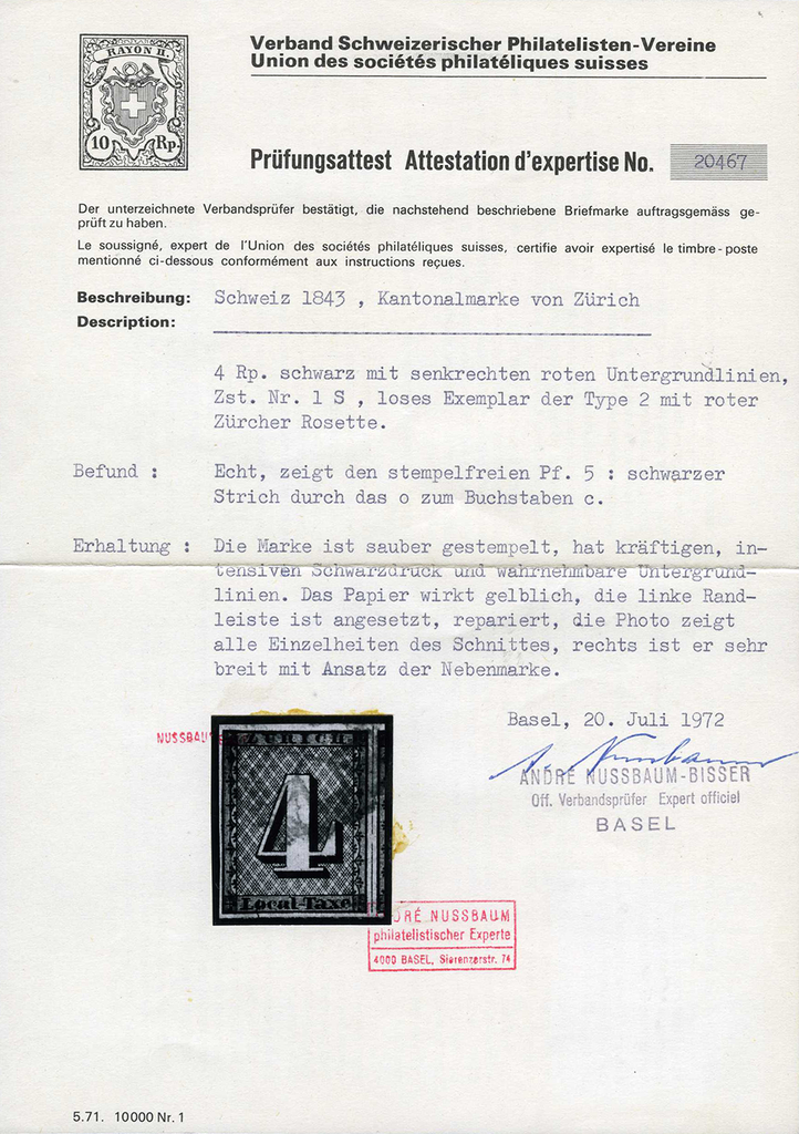1843, Zürich 4, Type II, Plattenfehler: &quot;Farbiger Strich von der Schnittlinie durch das O&quot;