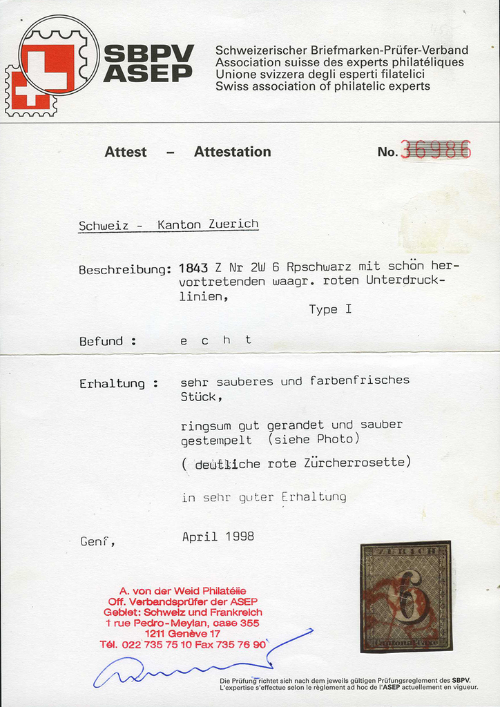 1843, Zürich 6, Type I