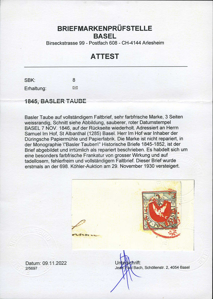 1845, Basler Taube, 2. Auflage auf vollständigem Faltbrief