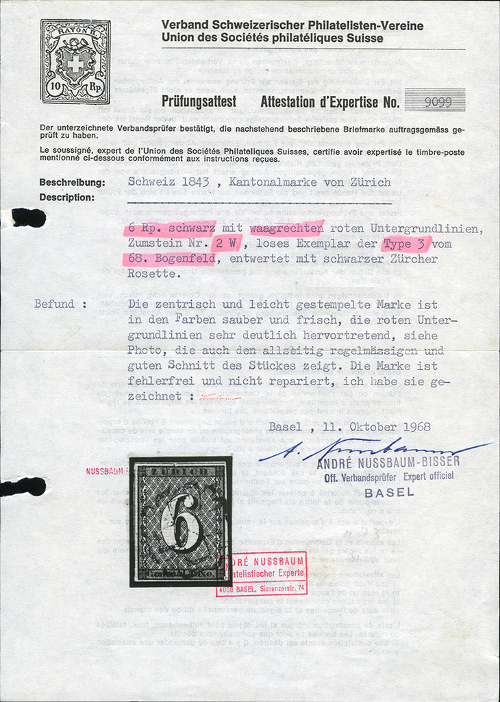 Type 3, 68.Marke, schwarze Zürcher - Rosette, sehr sauber und farbenfrisch, allseitig weissrandig, in sehr guter Erhaltung.