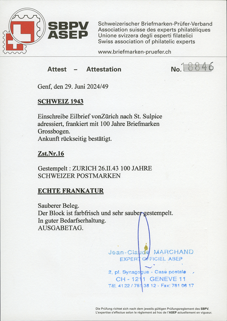 1943, Luxusblatt 100 Jahre Schweizerische Postmarken