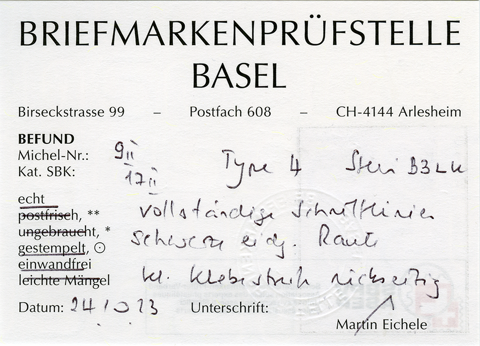 Type 4, Stein B3-LU, schwarze eidg. Raute, allseitig überrandig mit vollständigen Schnittlinien, gute Erhaltung.