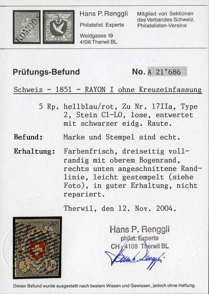 Type 2, Stein C1-LO, schwarze eidg. Raute, sauber und farbenfrisch, dreiseitig gut gerandet, oben mit Bogenrand, gute Erhaltung.