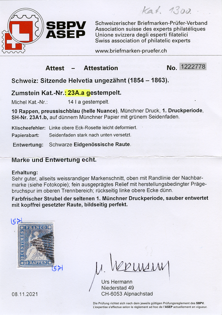 10 Rp. preussischblau, schwarze eidg. Raute, farbenfrisch, breitrandig, mit zwei Abarten
