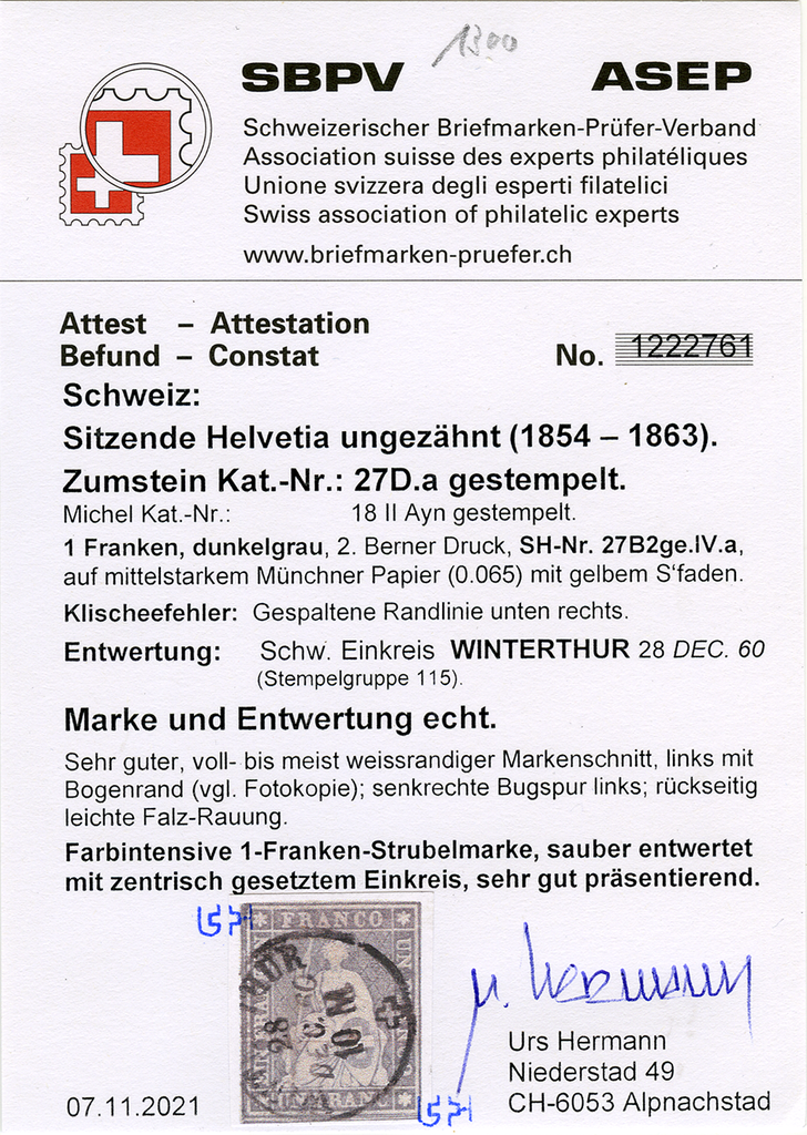 1 Fr. grau, Berner Druck, 2. Druckperiode, Bogenrand