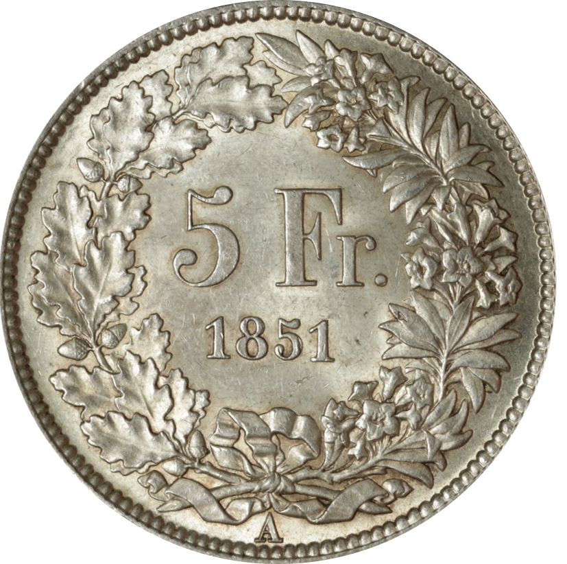 1851, 5 Fr. Silber-Kursmünze Sitzende Helvetia