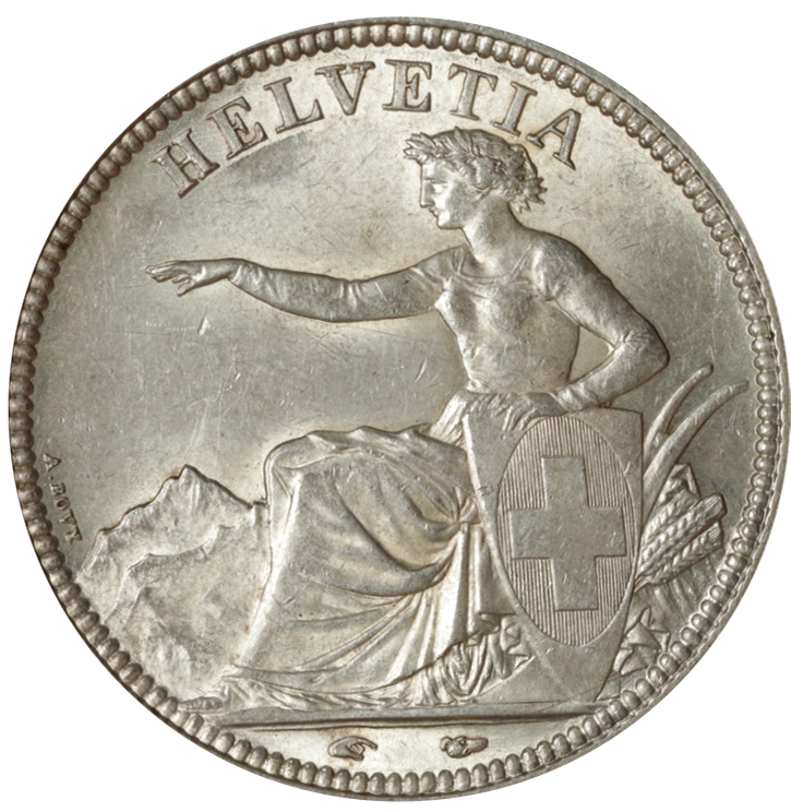 1851, 5 Fr. Silber-Kursmünze Sitzende Helvetia