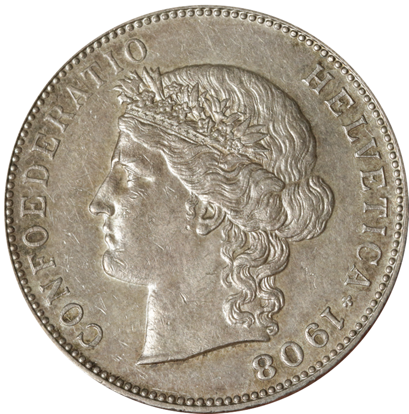 1908, 5 Fr. Silber-Kursmünze Helvetia Kopf