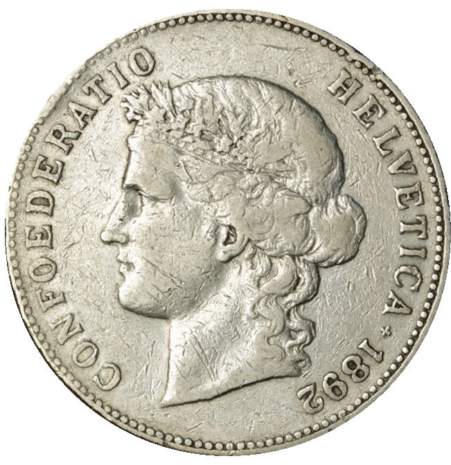 1892, 5 Fr. Silber Kursmünze Helvetiakopf