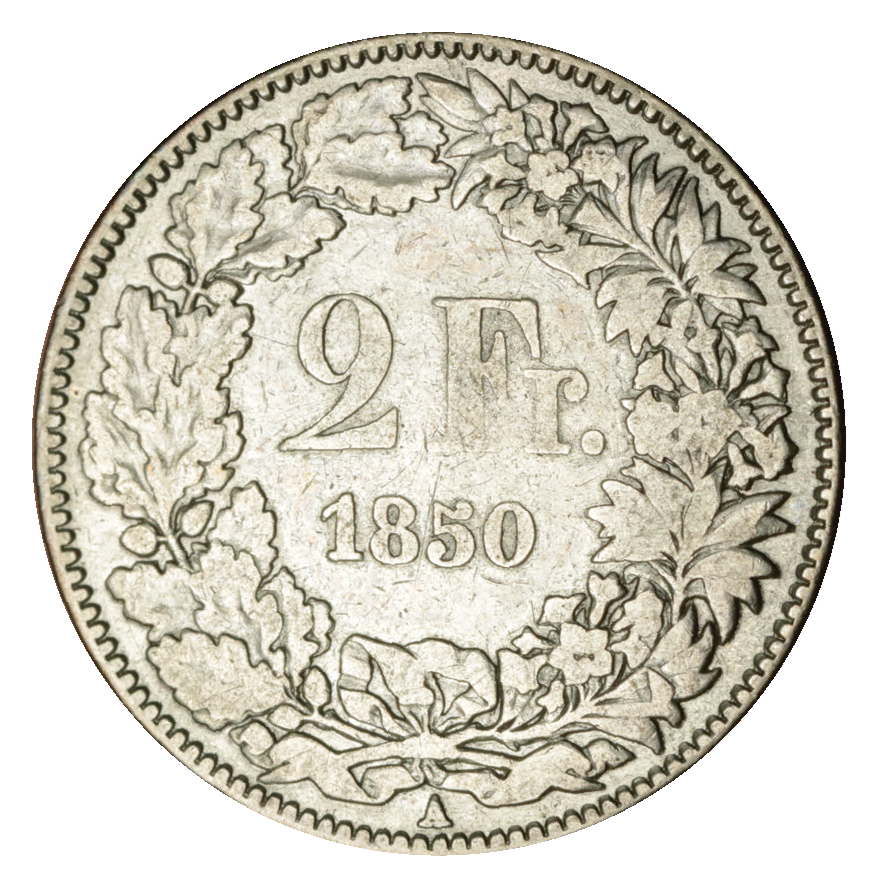 1850, 2 Fr. Silber-Kursmünze Sitzende Helvetia