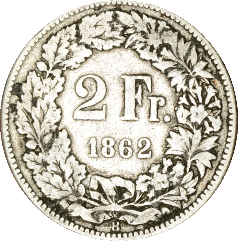 1862, 2 Fr. Silber-Kursmünze Sitzende Helvetia
