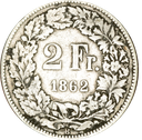 1862, 2 Fr. Silber-Kursmünze Sitzende Helvetia