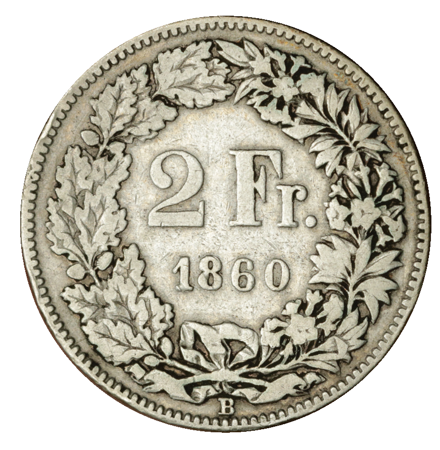 1860, 2 Fr. Silber-Kursmünze Sitzende Helvetia