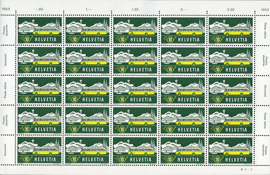 1953, 10 Rp. Alpenpost im Winter, Abart:&quot;Hauswand retouchiert&quot;