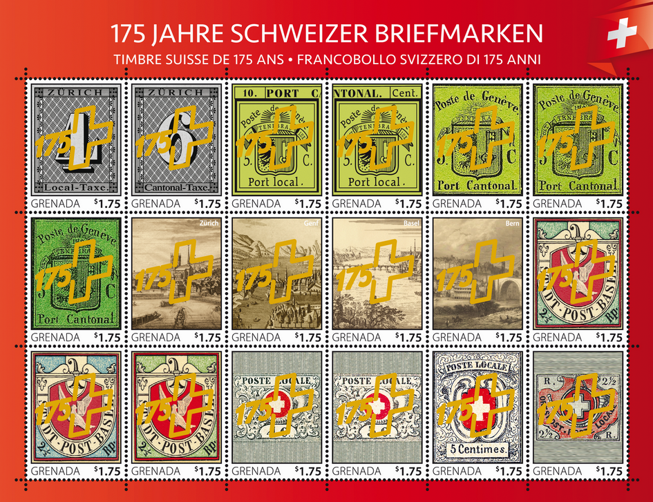 Kleinbogen &quot;175 Jahre Schweizer Briefmarken&quot; mit GOLDÜBERDRUCK