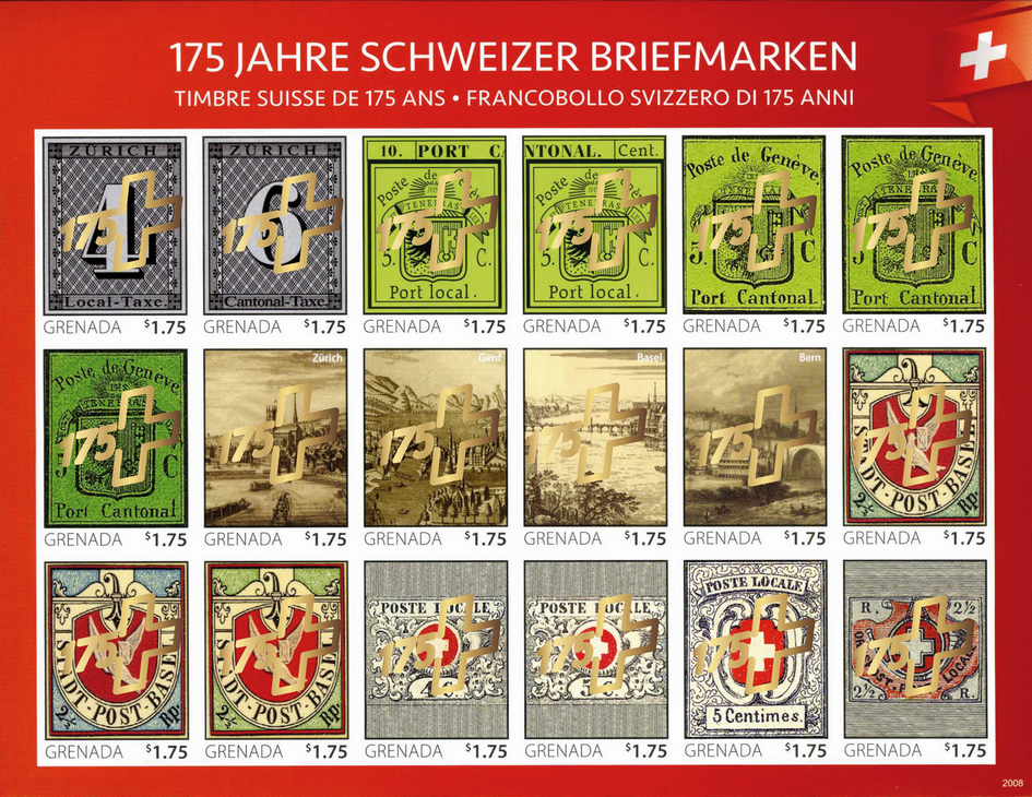 Kleinbogen &quot;175 Jahre Schweizer Briefmarken&quot; mit GOLDÜBERDRUCK - UNGEZÄHNT