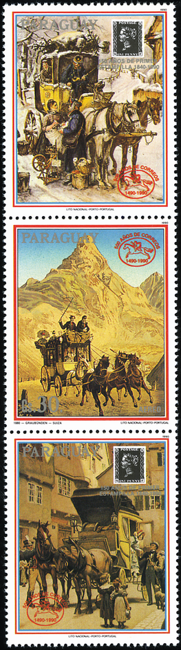 Zusammendruck von Paraquay mit der Schweizer Postkutsche zum grossen Jubiläum "150 Jahre Post" aus dem Jahre 1990