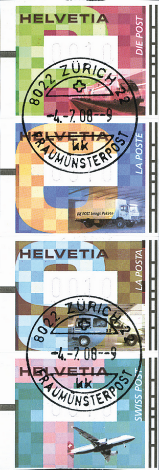 2001, Zeitgenössische Grafik Posttransportmittel, "Im Viererstreifen statt einzeln geschnitten"