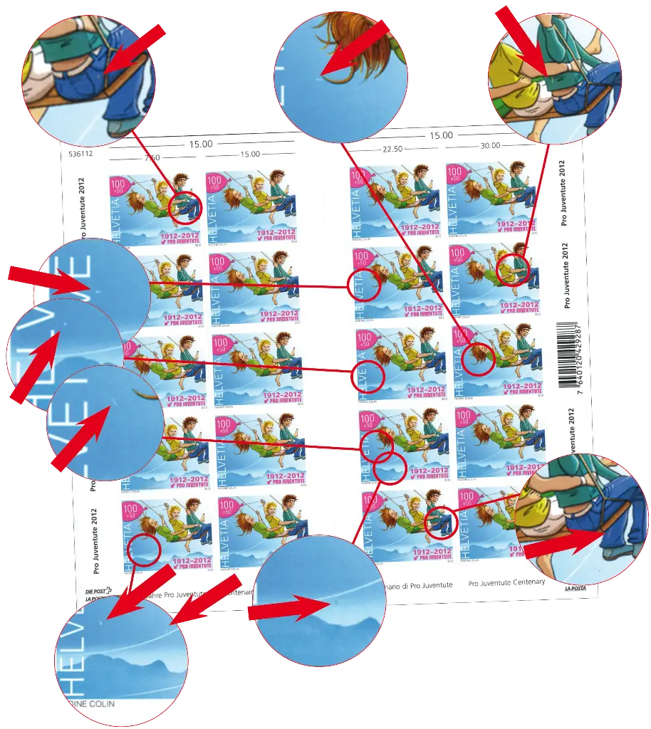 2012, 100 Jahre Pro Juventute, "Roter Knopf auf der Hose", "2 weisse Striche im Himmel", "3 weisse Anstriche bei Helvetia", "Blauer Fleck über den Bergen", "Roter Strich am Hosenbein", "Weisse Haarsträhne" und "Brauner Riss im Pulli"