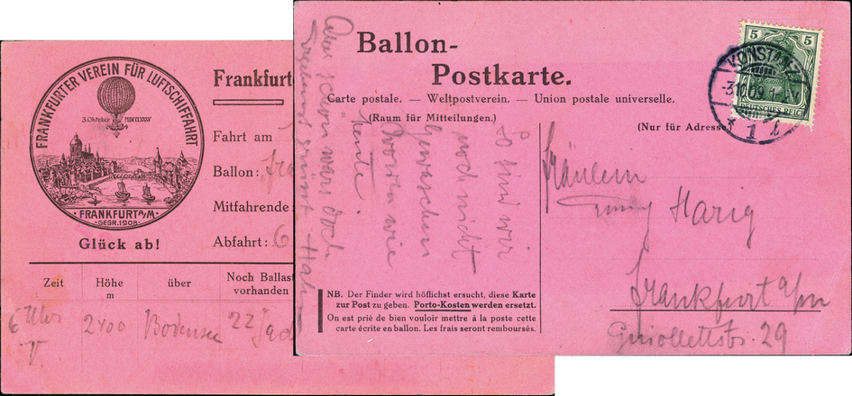 1909, Ballon "Frankfurt" Weitfahrt am 1. Oktober