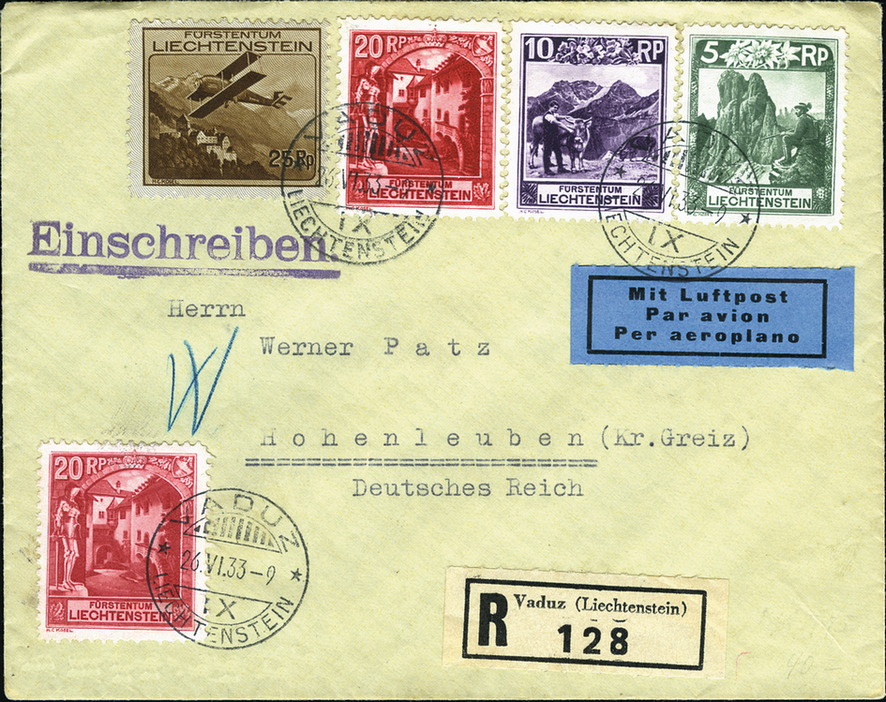 1933, Vaduz-Hohenleuben,Chargé-Vierfarben-Frankatur