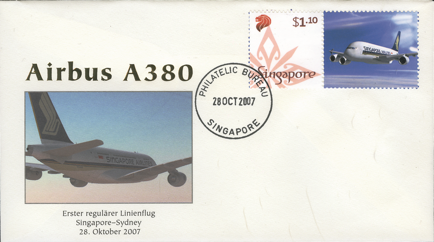 2007, Singapore - Sydney, illustrierter Erstflug-Sonderbeleg des A380 im Linienflug