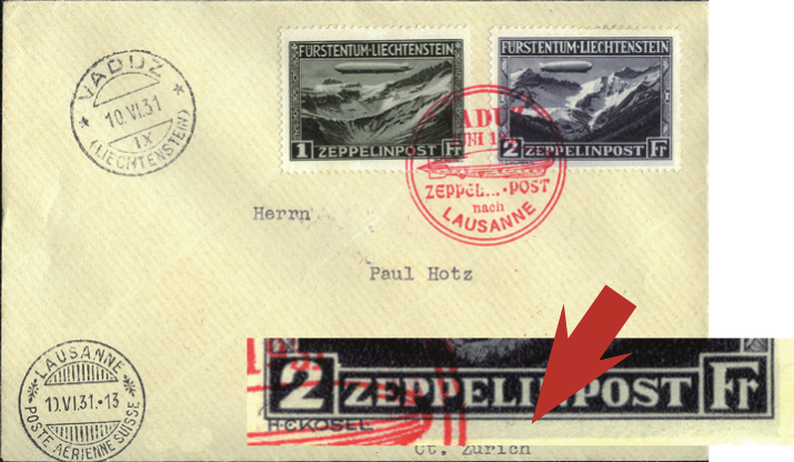 1931, Vaduz-Lausanne, "Sehr stark verschobener Unterdruck" der 2-CHF-Frankatur