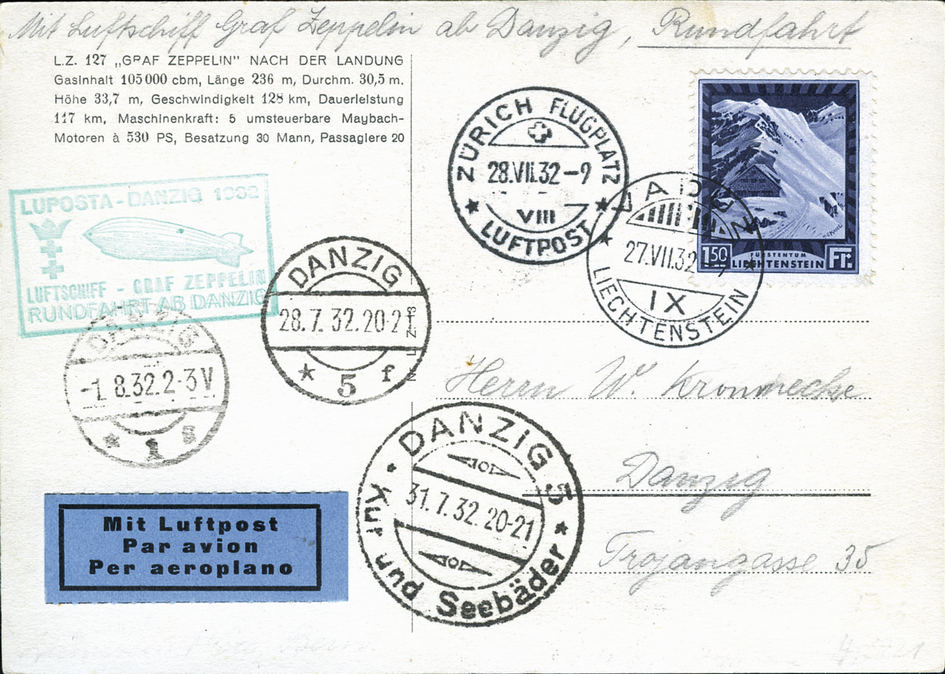 1932, LUPOSTA-Fahrt ab Liechtenstein, Abgabe Danzig