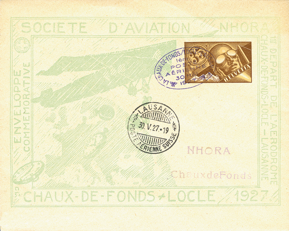 1927, La Chaux-de-Fonds - Lausanne, Wertzeicheneindruck 35 Rp. Pilot, braun, "Stark verschobener brauner Unterdruck"