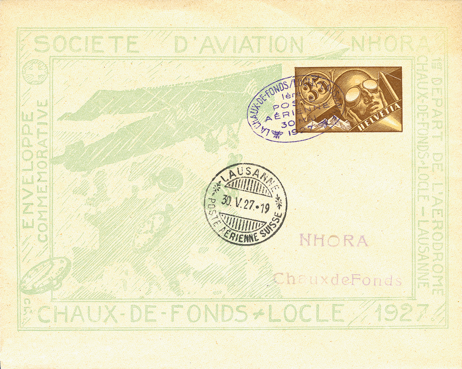 1927, La Chaux-de-Fonds - Lausanne, Wertzeicheneindruck 35 Rp. Pilot, braun, &quot;Stark verschobener brauner Unterdruck&quot;