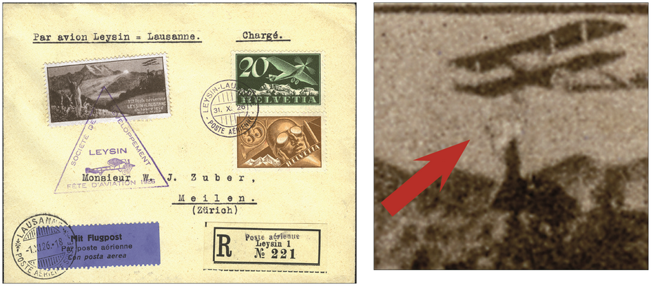 1926, Flugmeeting Leysin, Vignette, &quot;Kugel auf Turmspitze&quot; sog. Leuchtturm